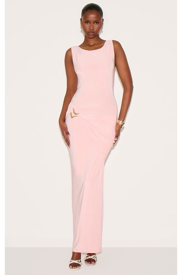 Dusty Pink Double Layer Ruched Trim Detail Maxi Dress