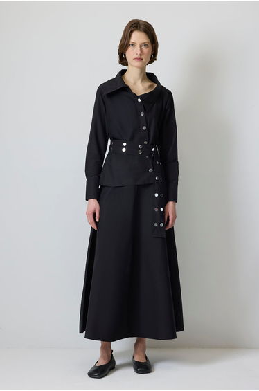 EYELET BELTED SHIRT SKIRT SET