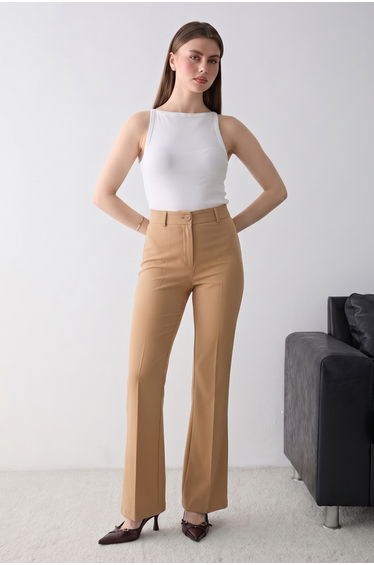 Beige Flare Woven Trousers