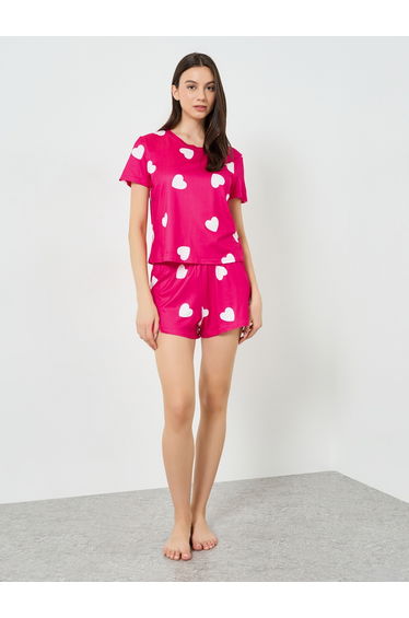 Pink Heart Print Top with Shorts Pyjama Set