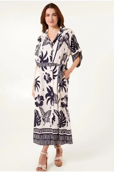 فستان بلو فانيلا قميص كحلي بطبعة أزهار