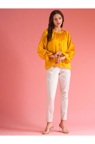 Satin Loose Fit Balloon Sleeves Buttoned Top