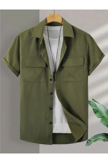 Men Khaki Short Sleeve Shirt with Pockets