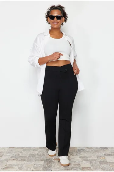 Black Asymmetric Waist Detailed Knitted Trousers