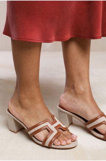 DRAMA WIDE FIT CUT OUT STRAP BLOCK HEEL SANDALS IN TAN FAUX LEATHER
