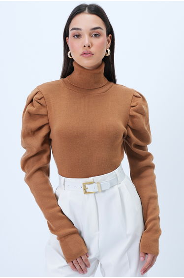 Women's Cinnamon Brown Turtleneck Princess Sleeve Knitwear Sweater