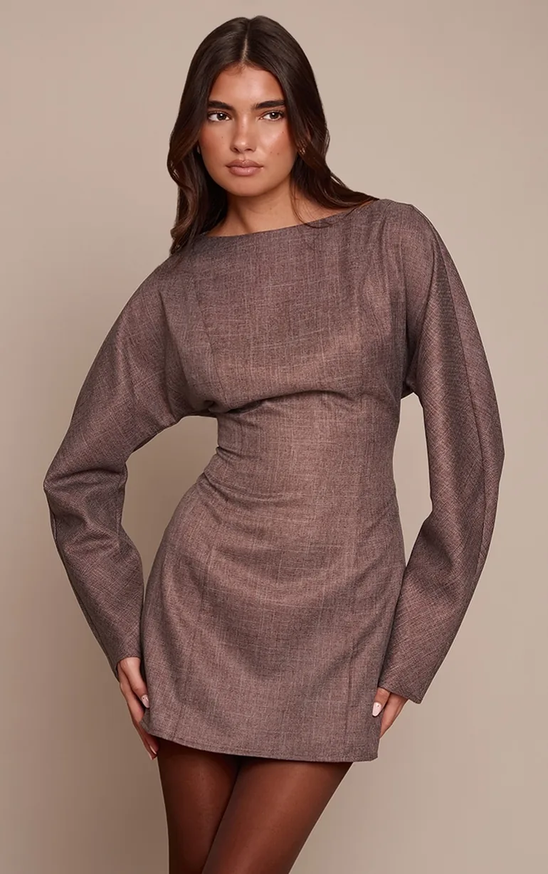 Chocolate Woven Boat Neck Long Sleeve Shift Dress - 1
