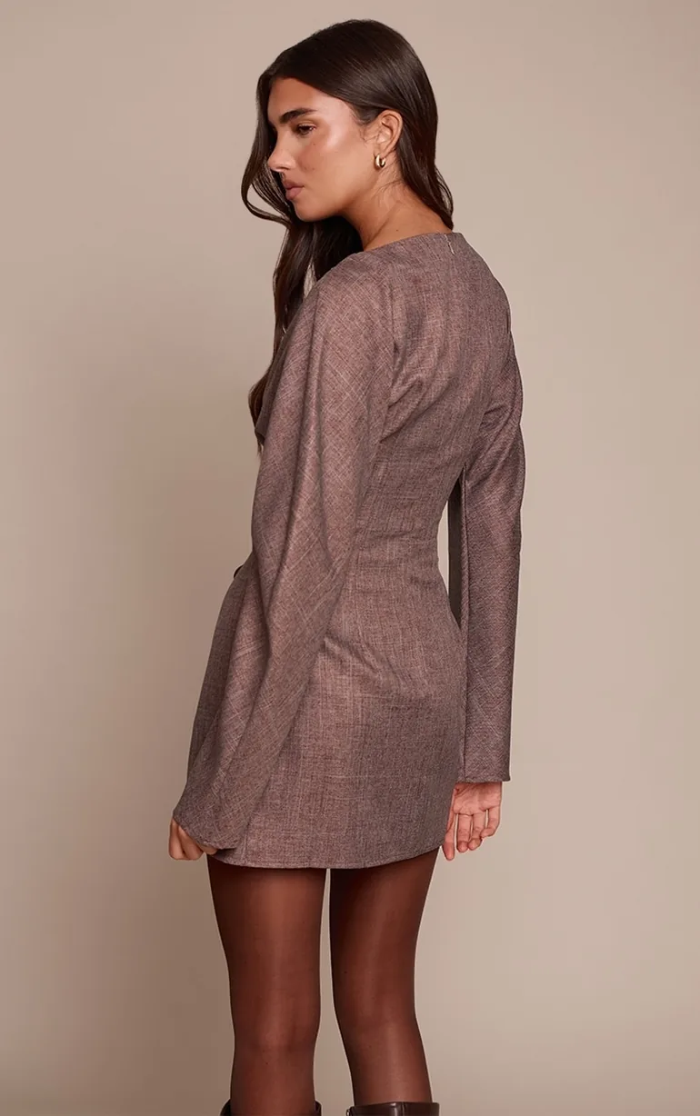Chocolate Woven Boat Neck Long Sleeve Shift Dress - 2