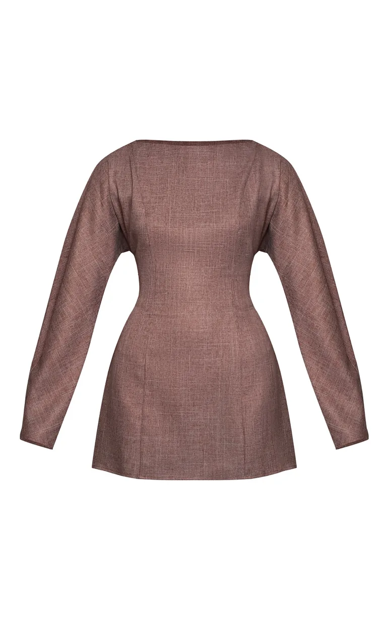 Chocolate Woven Boat Neck Long Sleeve Shift Dress - 4