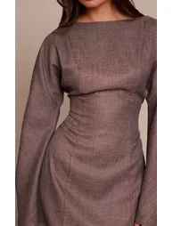 Chocolate Woven Boat Neck Long Sleeve Shift Dress - 3