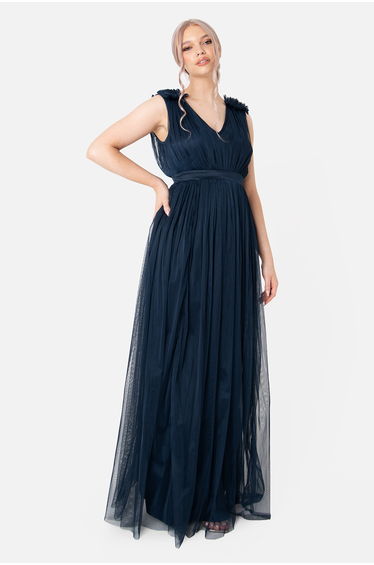 Maya Navy Maxi Dress with Ruffle Shoulder Detail