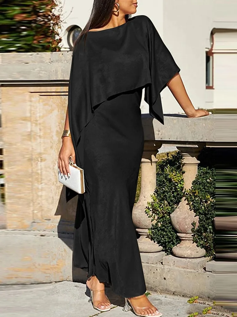Batwing Sleeves Cape Shiny Solid Color Split-Joint Boat Neck Evening Dresses  Maxi Dresses Uoozee Black : Evening Dresses : VogaCloset Bahrain
