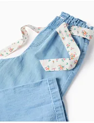 Wide Leg Denim Trousers With Floral Belt For Girls, Light Blue - 3