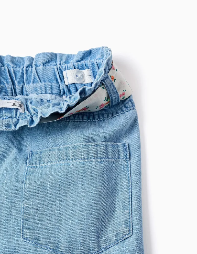Wide Leg Denim Trousers With Floral Belt For Girls, Light Blue - 2