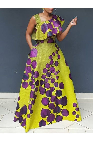 A-Line Sleeveless Asymmetric Printed Split-Joint Asymmetric Collar Evening Dresses Maxi Dresses