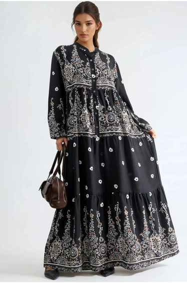 Comfort Fit Patterned Maxi Dress with V-Neck