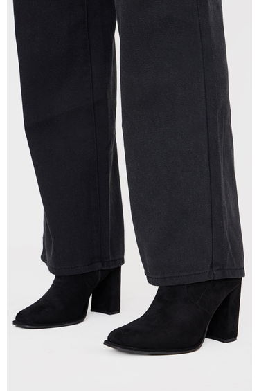 Black Faux Suede Round Toe High Block Stiletto Heeled Boots