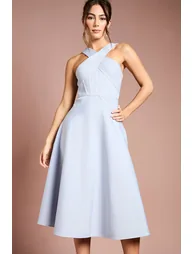 فستان ميدي بنمط شرائح بياقة بتصميم متقاطع