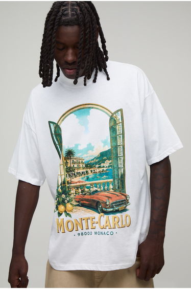 White Oversized Monte Carlo Print T-Shirt - white