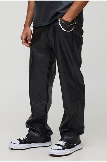 Fixed Waist Relaxed Croc PU Gold Chain Trouser - black