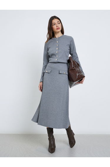 Grey Ribbed A-Line Midi Skirt