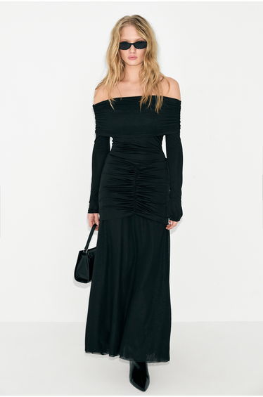 GRIMELANGE BRILLANTE Women's Off-Shoulder Bottom Skirt Double Layer Mesh Detailed Ruched Long Sleeve Black Dress