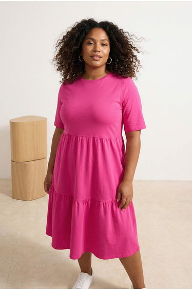 Fuchsia Single Jersey Knitted Plus Size Dress