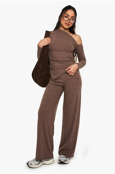 RIB WIDE LEG TROUSER - chocolate