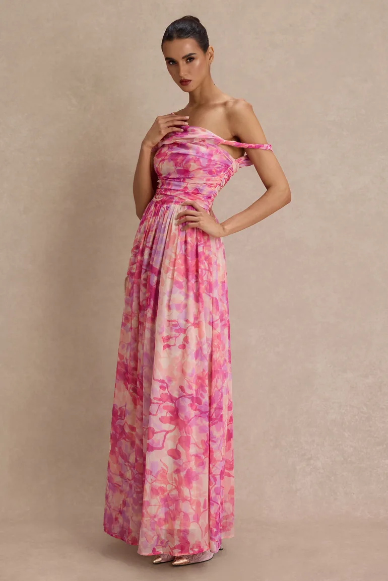 Floral Skew Collar Chiffon Maxi Dress - 5