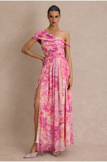 Floral Skew Collar Chiffon Maxi Dress