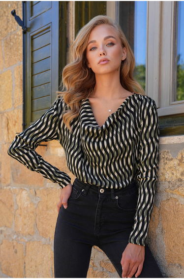 Women's Green-Black Cowl Neck Draped Shoulders Basic Blouse
