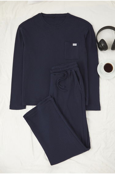 Navy Blue Regular Fit Pocket Label Detailed Soft Touch Knitted Pajama Set