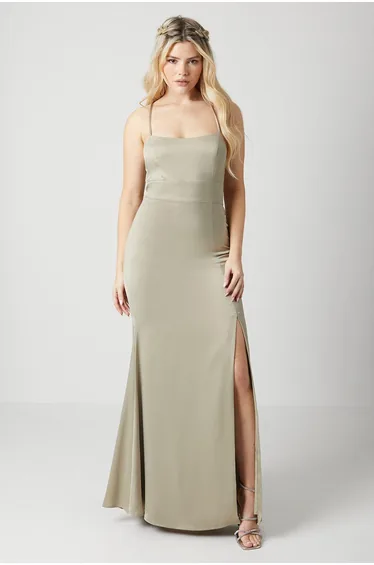 Debut London Lace Up Back Satin Bridesmaids Dress - olive
