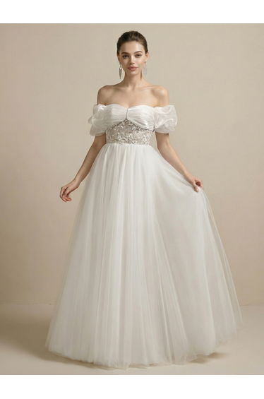 Leely Off Shoulder Puff Sleeve A Line Beaded Embroidery Tulle Wedding Dresses