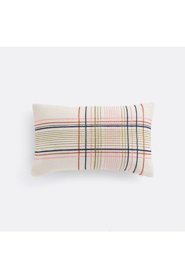 Embroidered Checked Cotton Rectangular Cushion Cover