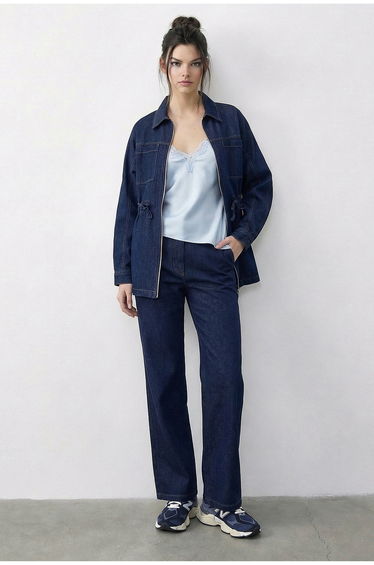 LUCCI Zippered Jacket and Pants Two-Piece Denim Set
