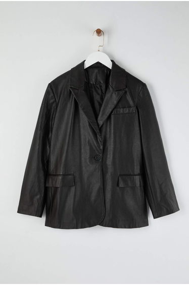 Black Washed Faux Leather Blazer Blazer Jacket