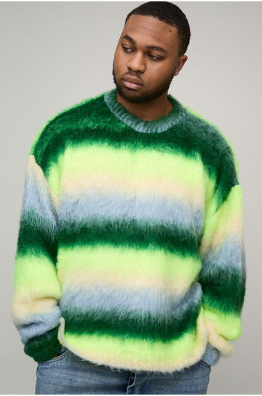 Plus Boxy Oversized Brushed Stripe Knitted Jumper - green
