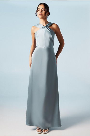 Twisted Halterneck Satin Maxi Dress