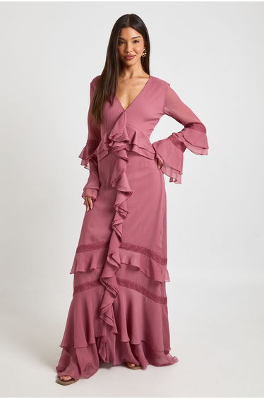 Chiffon Ruffle Lace Trim Detail Maxi Dress - rose