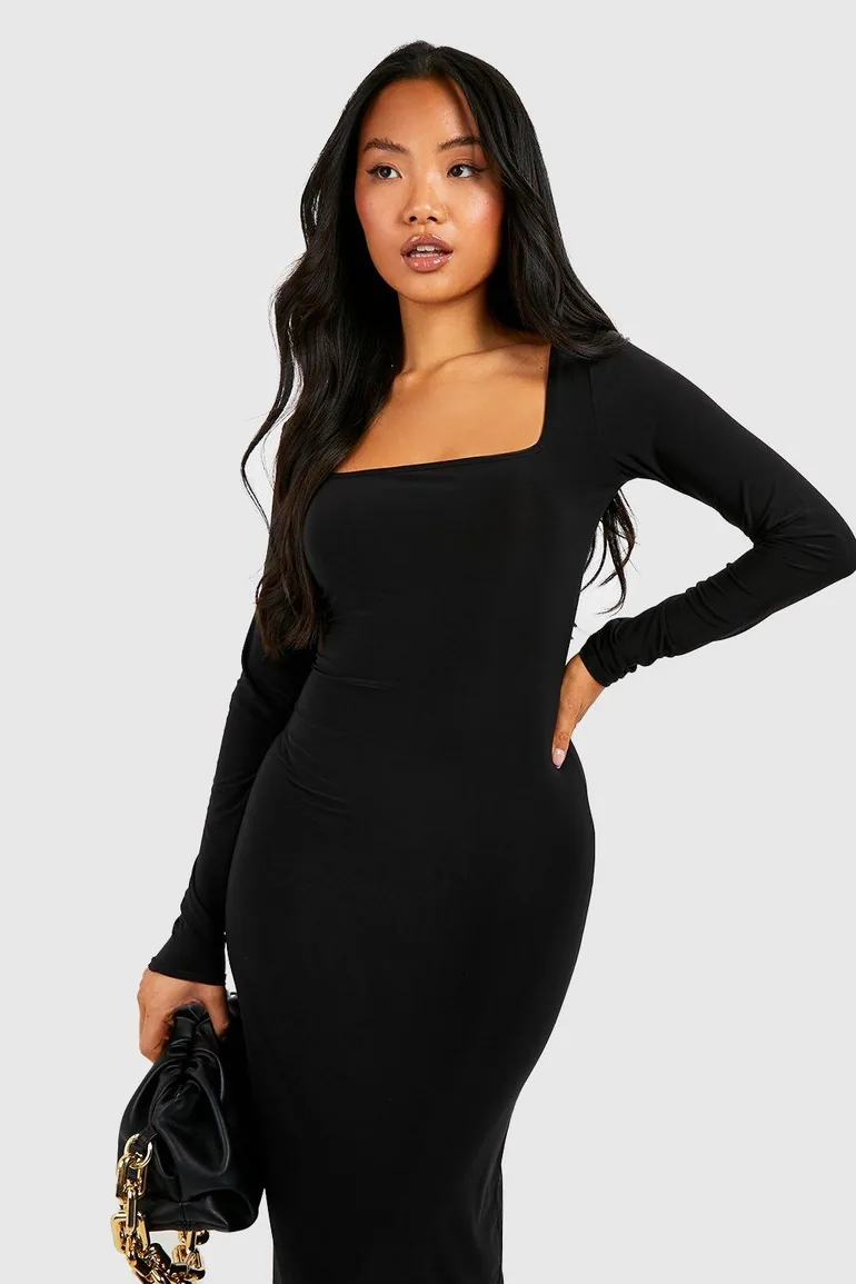black slinky ring detail square neck bodycon dress Long Sleeve Mesh Panel Detail Mini Bodycon Dress In Black Slinky | EGO US