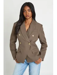 Double Breasted Cinched Blazer - khaki - 1