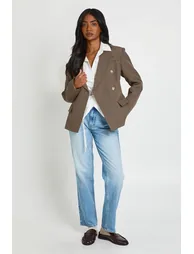 Double Breasted Cinched Blazer - khaki