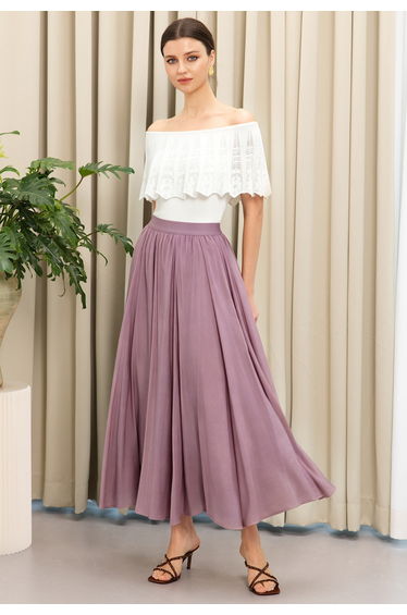 Breezy Pleats Elasticated Waist Maxi Skirt in Mauve for Garden Strolls & Outdoor Events