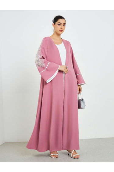 Light Pink Embroidered Sleeve A-Line Abaya