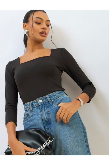 Black Square Neck Knitted Crop Top