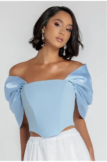 Off Shoulder Back Satin Bow Scuba Corset - Light Blue by Goddiva