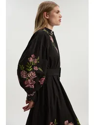 Rose Embroidered Cotton Twill Woven Shirt Dress With Eyelets - 1