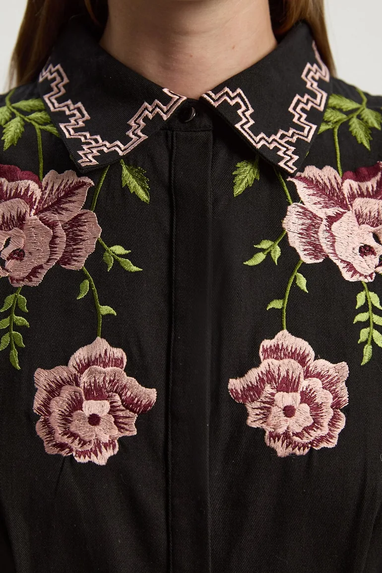 Rose Embroidered Cotton Twill Woven Shirt Dress With Eyelets - 2