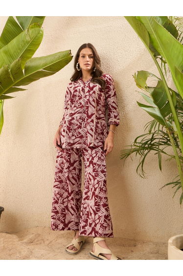 Brown Floral Printed Pure Cotton Top and Trousers Co-Ords